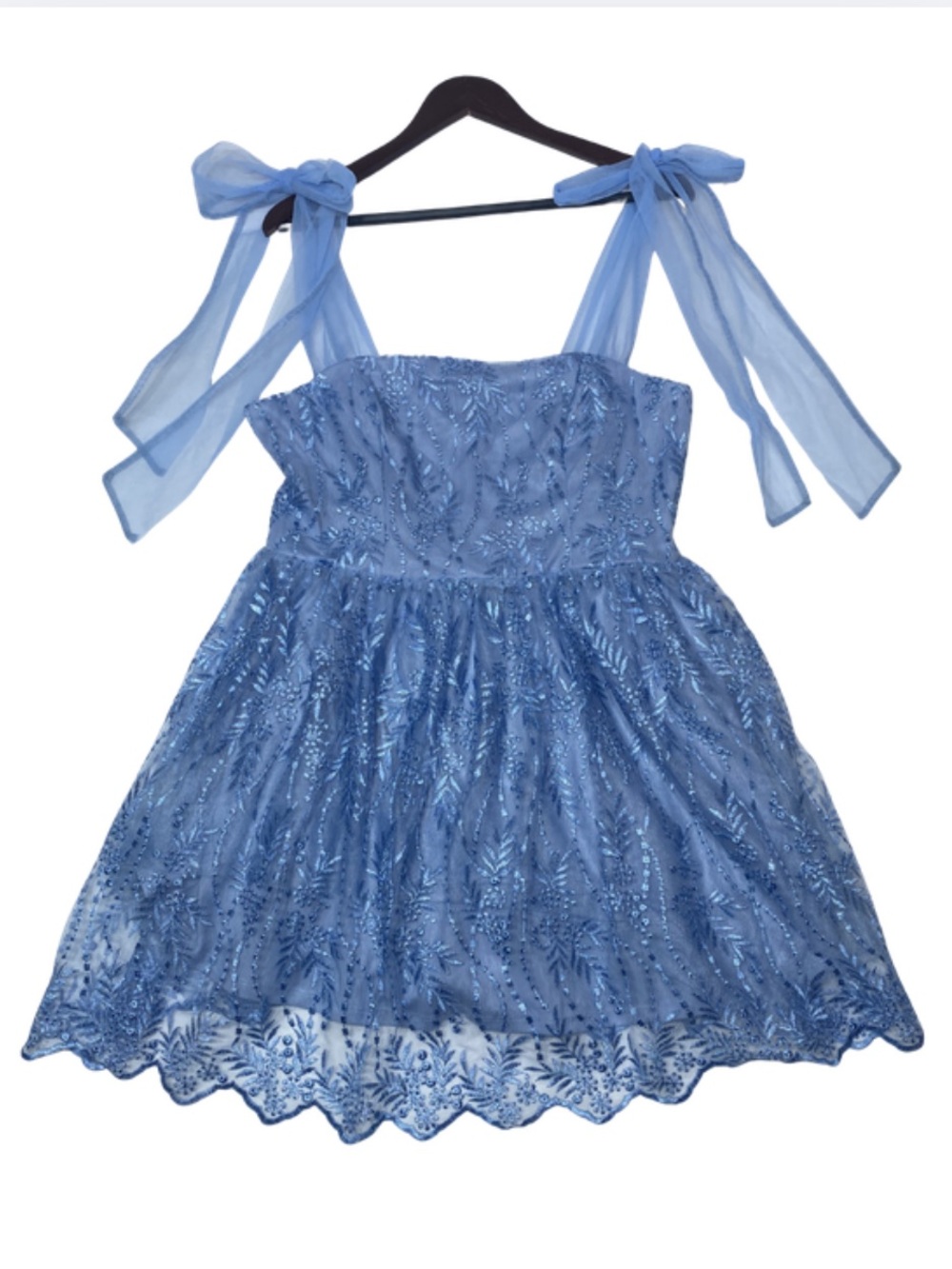 Audrey Parks Blue Floral Tulle Tie Shoulder Mini Dress Women's XL